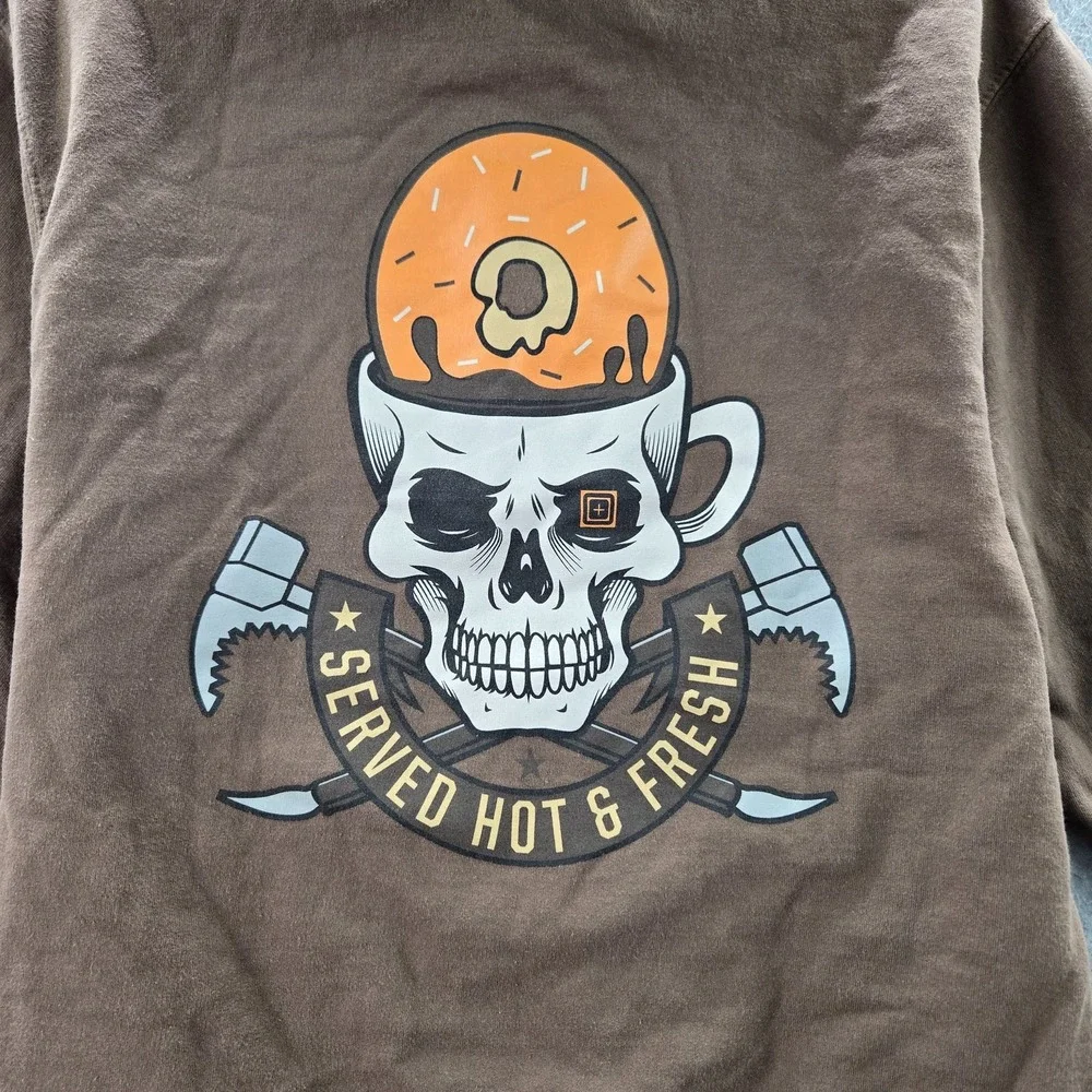5.11 Men Hoodie SMALL‎ Brown Graphic Print Skull Donut Served Fresh Pullover